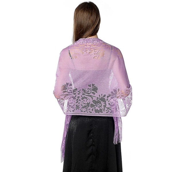 Women&#39;s Floral Lace Mesh Pashmina Party Prom Wedding Shawl Scarf With Fringe Light purple