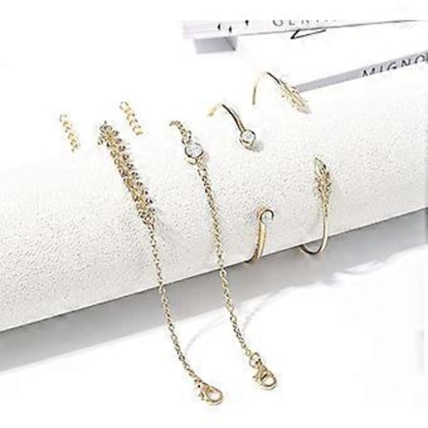 Set med 4 Boho kristallarmband med guldbladsmönster - justerbar handkedja för kvinnor och flickor