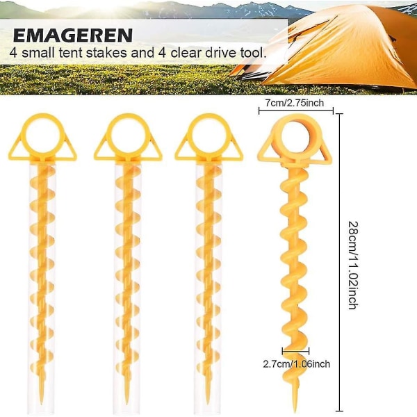 4 st Tältpinnar i Plast Orange Sardintältpinne med 4 st Tältpinnar i Plast Canvaspinne Längd 28 cm Rostskyddad för Grästält Strandpresenningar Camping