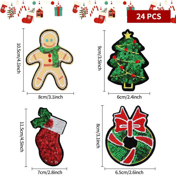 24 Pcs Christmas Iron-on Patches,Christmas Theme Embroidered Patc