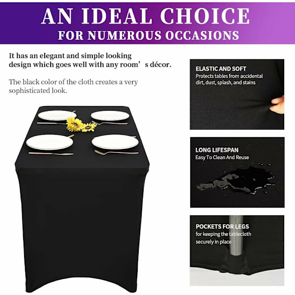 Svart polyesterduk rektangulær tilpasset duk 4ft stram duk rektangel spandex stretch duk bryllup bankettfest cocktailbar håndverksshow DJ duk, svart