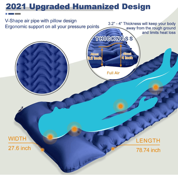 Campingmadras med fodpumpe, ekstra tyk oppustelig seng