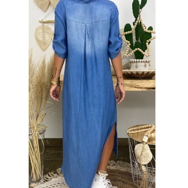 Denim långklänning för dam, sommar lös enfärgad denimklänning, semester födelsedagspresent till mamma, fru och damer, ljusblå, L Light blue L