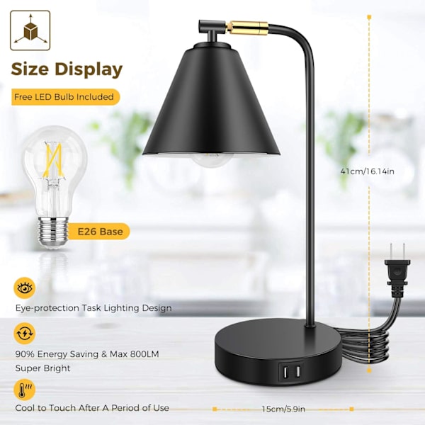 Industriell dimbar skrivebordslampe med 2 USB-ladeporter AC-uttak