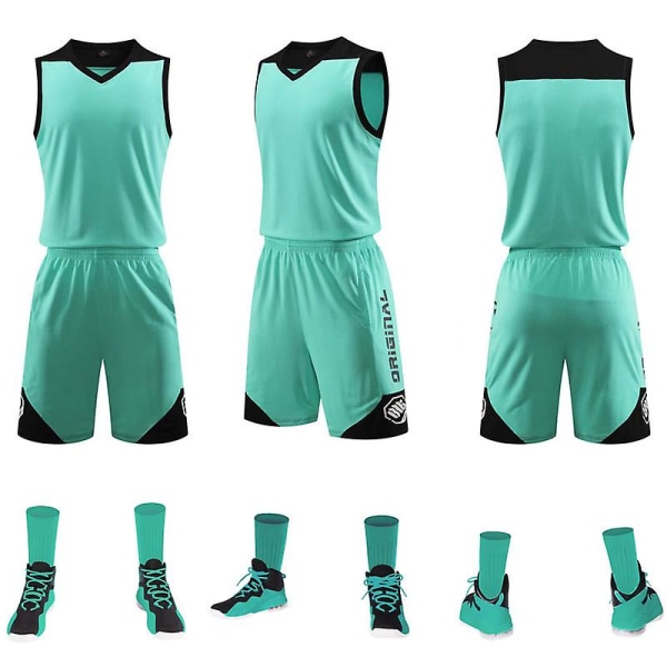 Basketball Jersey Suit Unisex Hurtigtørkende Ball Trening Sport Jersey Suit Lake Blue（3XL）