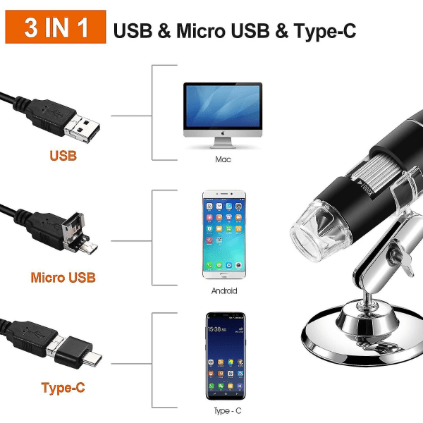 USB digitalt mikroskop, bärbart 40x-1000x förstoringsendoskop, 8 led digitalt mikroskop