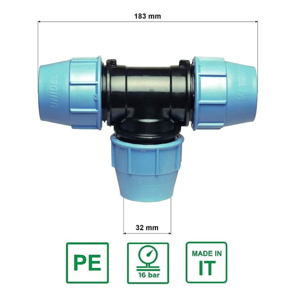 32 mm x 32 mm x 32 mm hun MDPE PE T-stykke vandadapter | Plastrørsforbindelse | Klemforbindelse til PE/MDPE-rør