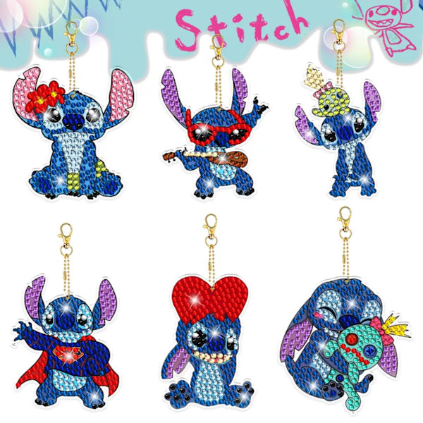 6 kpl Cartoon Stitch -sarjan timanttimaalausavainperä