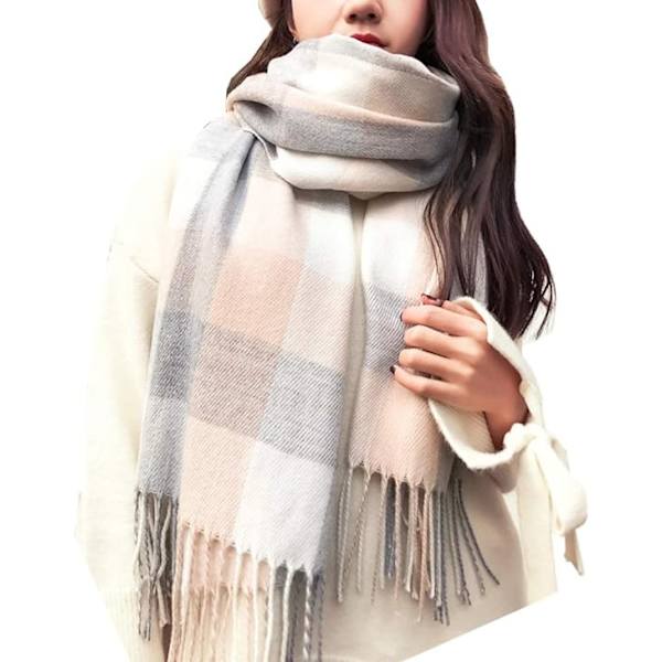 Beige grå vit rutig filt halsdukar för kvinnor, dammode