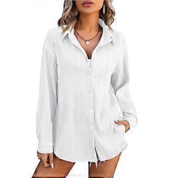 Uformell skjorte for kvinner, nedbrettbar V-hals, lange ermer, bluse med knapper, teksturert bluse, hverdagsbruk, kontorarbeid, M M