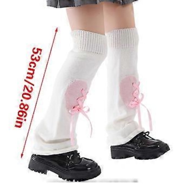Harajuku strikkede benvarmere for kvinner med hjertemønster for stilig japansk gateklær sløyfebånd foran utskrådde lange sokker white red heart
