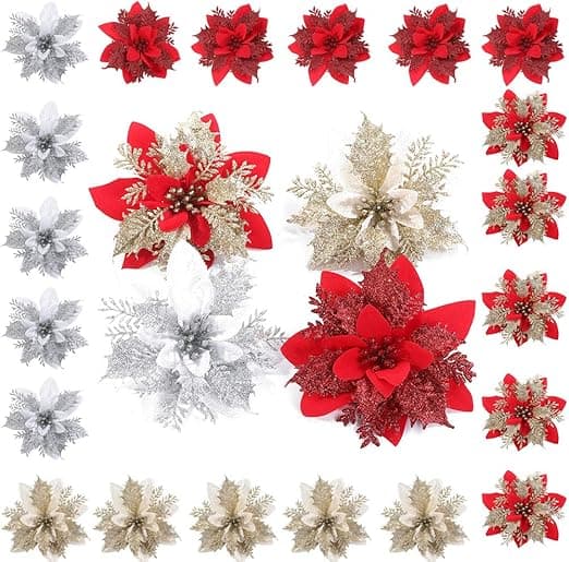 24 stk Glitter Julstjerne Blomster Kunstige Julestjerner