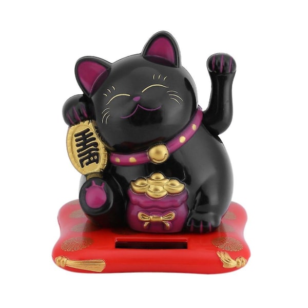 Fortune Lucky Wealth Welcoming Cat Solar Powered Cute Cat With Waving Arm Home Display Car Decor Black