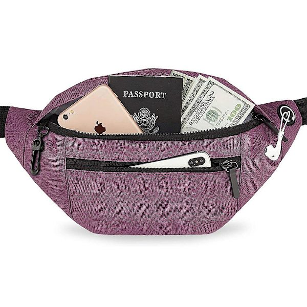 Stor Crossbody Fanny Pack med lynlåslommer, løb casual håndfri tegnebøger taljepakke lilla