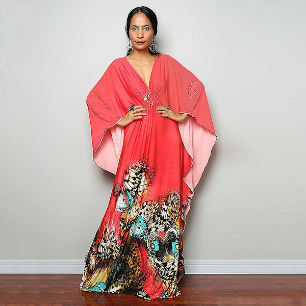 Dame Print Maxi Kjole Flagærme Strandkjole Plus Size Sommerkjole Badetøj Kaftan Cover-ups Dn0540