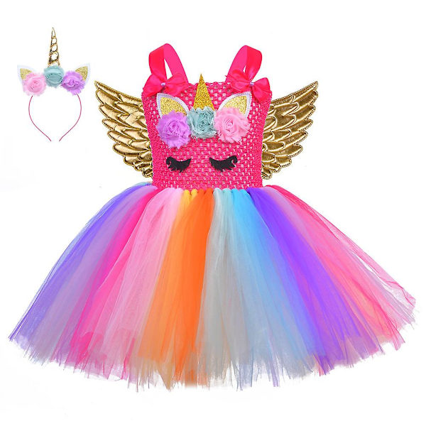 3 stk Sequin Little Child Pony Kjole Unicorn Kjole Med Vinger Hodebånd（XL(7-8Y)）