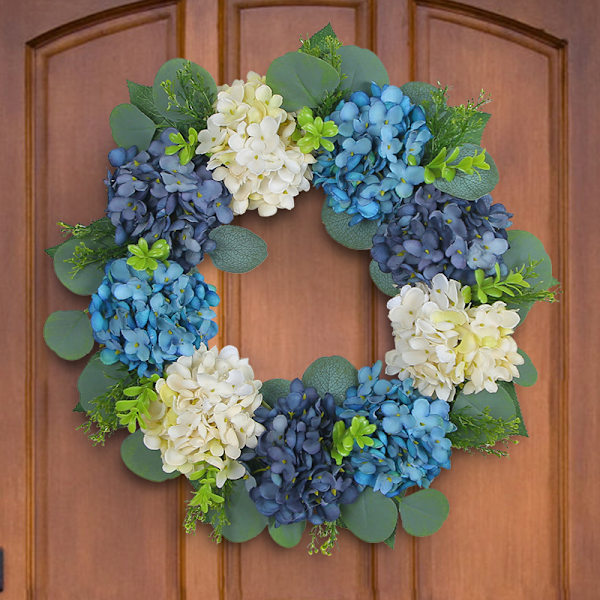 Blå og hvid hortensia krans, juledekoration, 40cm