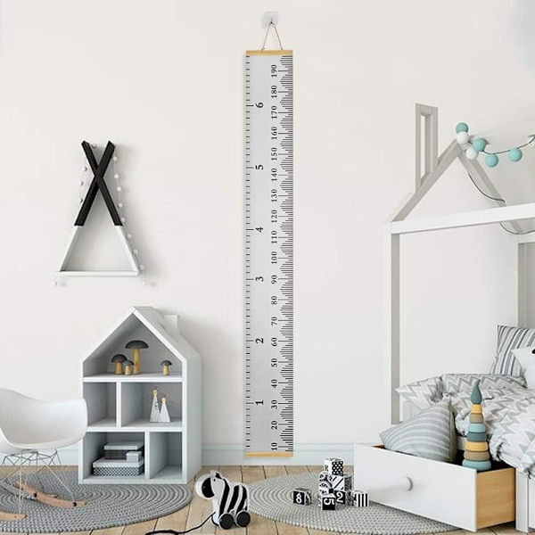 Babyväxtdiagram, höjddiagram för barnens förskola, höjdmätning med väggmonterad linjal i canvas, 200cm x 20cm (grå)