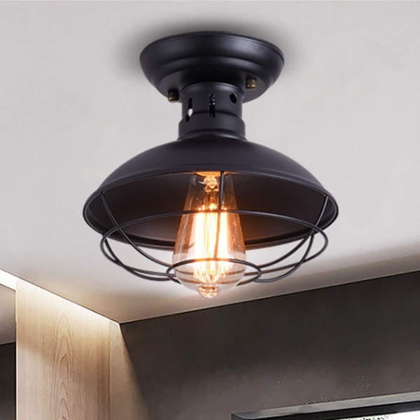 Svart rustikk taklampe, E27 montert mini semi-flush montering P