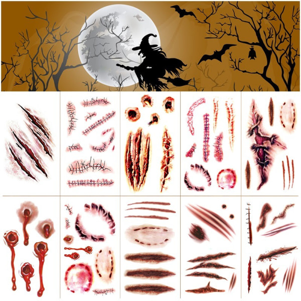 (22 ark)Tatueringar​​ Tillfälliga - Halloween Zombie Scars Tattoos​​Klistermärken med Fake Scab Blood Special FX Kostym Makeup Rekvisita