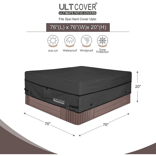 Vattentät 600D polyester fyrkantig bubbelpoolöverdrag, utomhus spa-överdrag, 76 x 76 tum, svart