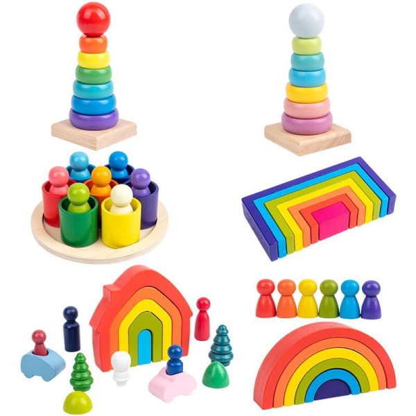 Träleksaker Rainbow Stacking Blocks-Montessori Leksaker Byggblock