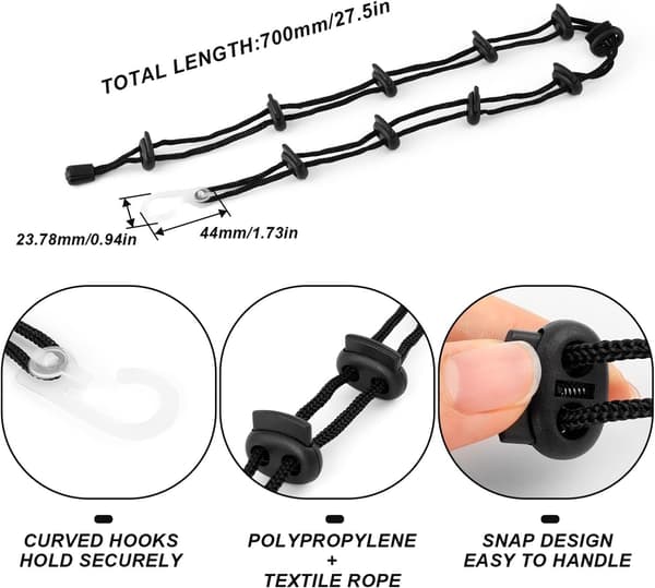 Svart 2-pack elastiska strumphållare med 10 glidande öglor, hopfällbar