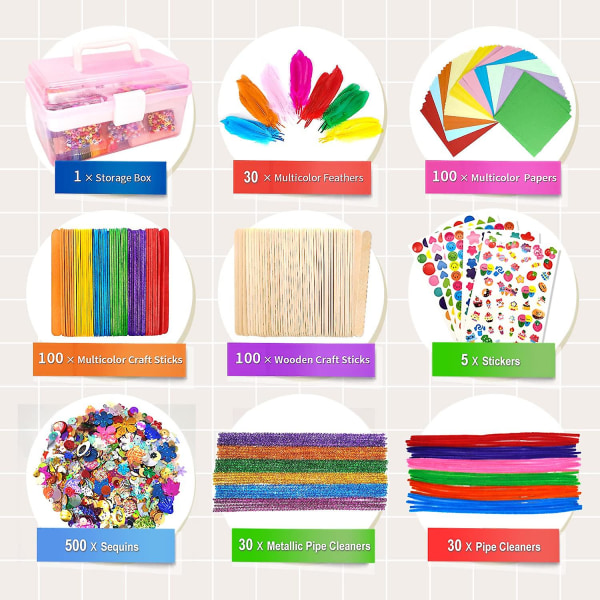 1000+ st Kids Craft Box Kit Toddler och hantverk för barn inkluderar Pom Poms Pip Cleaners Feather Folding Box（rosa）