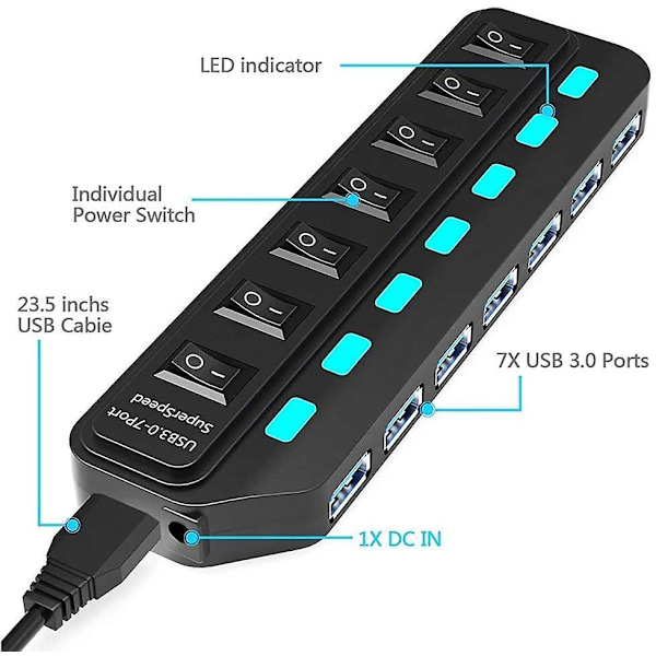 Usb-keskitin 3.0 sovittimella, 7 portin superspeed Usb-keskitin