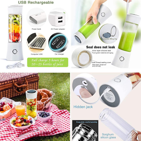 Bärbar Blender, Reseblandare Smoothie Maker 480ml USB Laddningsbar Saftblandare 100w Mini Personlig Fruktblender Med 6 Rostfria Stålbladen