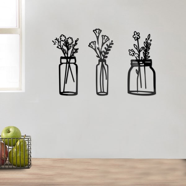 3 stk. Metal Blomster Væg Dekoration Vase Væg Kunst, Sort