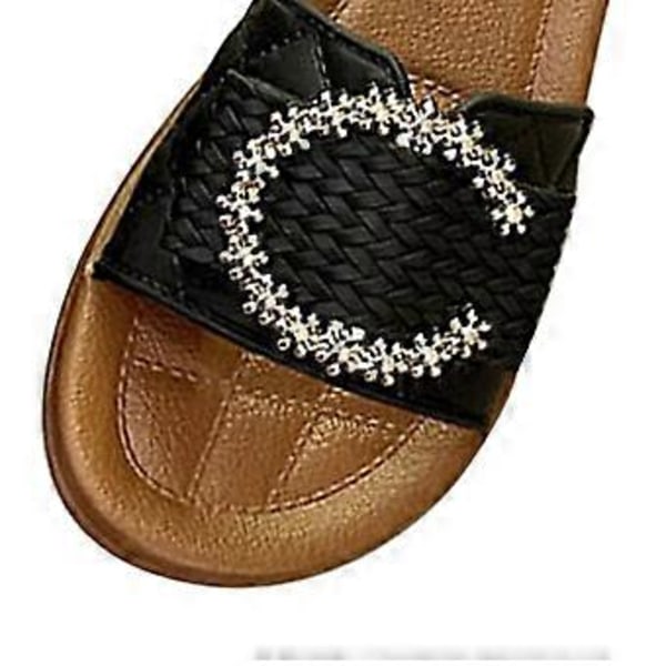 Damtofflor Slip-on Sandaler Mjuka Strand Bekväma Öppen Tå Fest Fina Halkfria Sulor Mode Slides Dam Platt Sandaler (Svart Längd 23.5cm) Black Length 23.5cm