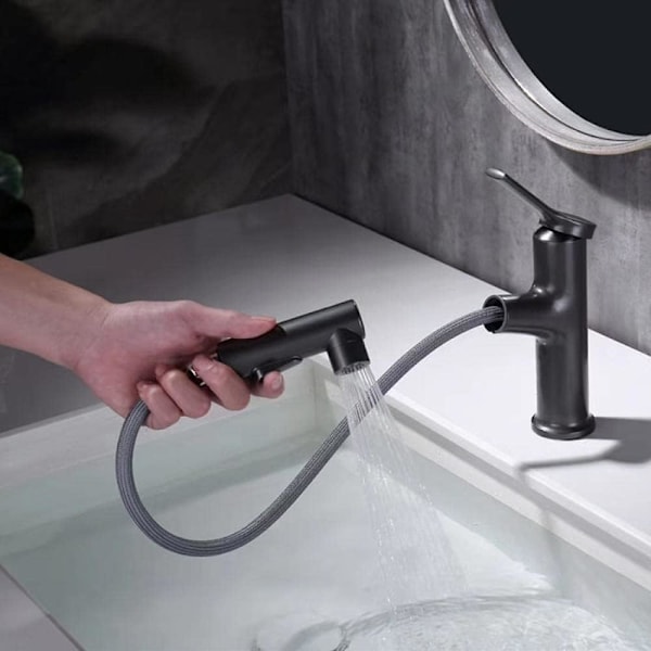 Servantarmatur i kobberlegering belagt med sink og sort kobber, uttrekkbar varmt- og kaldtvannskran