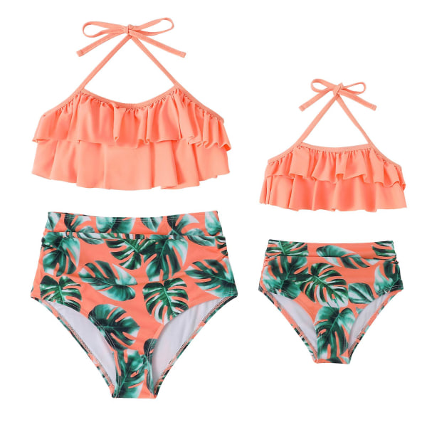 Kvinder badetøj Højtaljet forældre-barn badetøj Blomsterprint grime flæse 2-delt bikinisæt svømmekostume（152 orange）