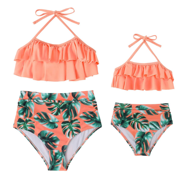 Kvinnors badkläder med hög midja, badkläder för föräldrar och barn, blommigt tryck, halterneck, volang, 2-delad bikiniuppsättning (XL orange)