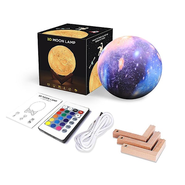 3D Månelampe LED Nattlys Stjerne Galakse Touch 16 Farger USB Ladbar