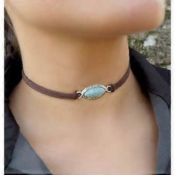 Boho Teal Halsband Kedja Brunt Läder Choker Halsband Mocka Hippie Smycken för Damer och Flickor, Fri storlek