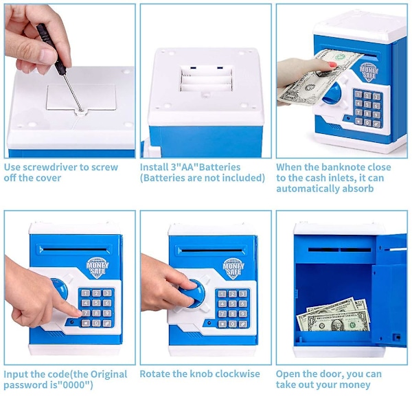 Highttoy Pengeboks for barn i alderen 3-12 Elektronisk minibank pengeskap for barn Spargris minibank ATM-passord pengeskap (blå)