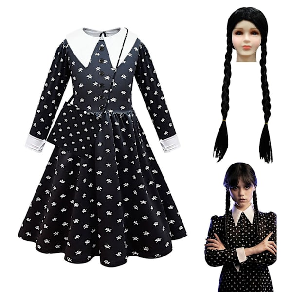Wednesday Addams Cosplay -asu, Halloween-asu, karnevaaliasu, naamiaisasu tytöille (140 cm, sisältää laukun ja peruukin)