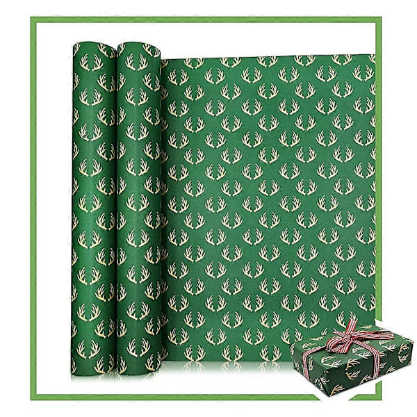 Presentpappersrulle, 2 stora rullar med julpapper med hjortgevir, återvinningsbart kraftpapper