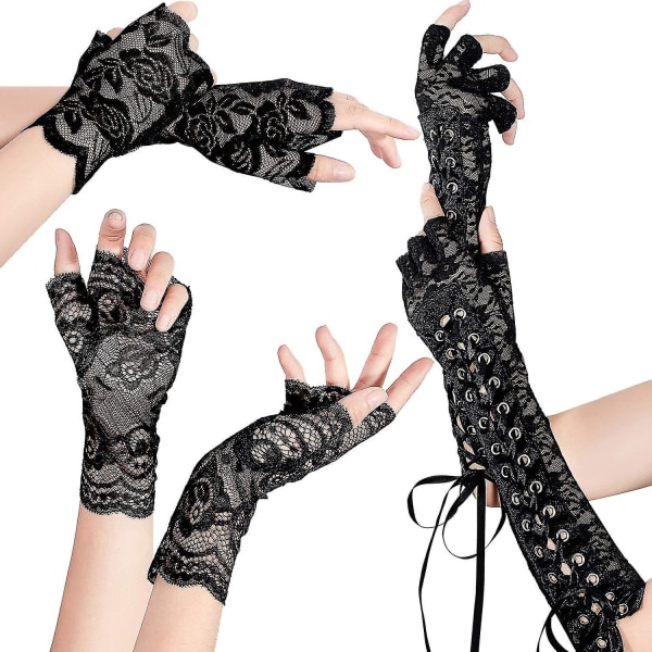 3 par spetsar fingerlösa handskar set snörning Steampunk handskar fingerlösa brud spetshandskar, stora
