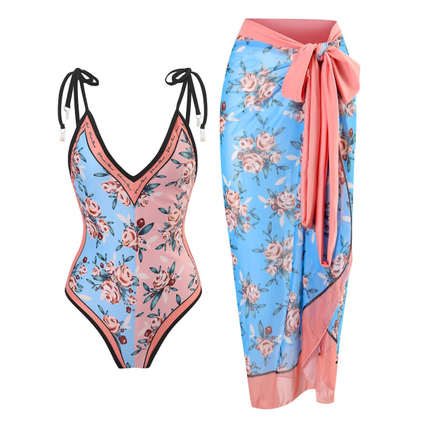 Bikinibaddräkt i ett stycke för kvinnor med cover Strandklänning Y18（S Pink）