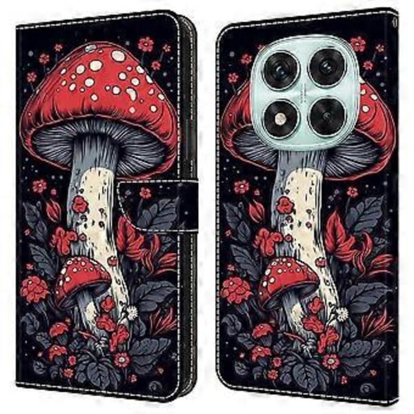 Læderetui med mønstertryk, tegnebogsstativ og flip-cover til Xiaomi Redmi Note 14 Pro 5G Red Mushroom