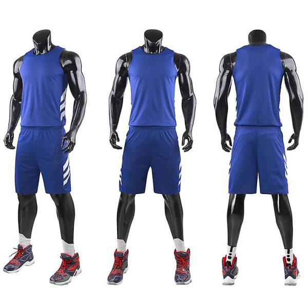 Dubbelklädd baskettröjadräkt herrtröja pojkar träningströja blå vit（XL）