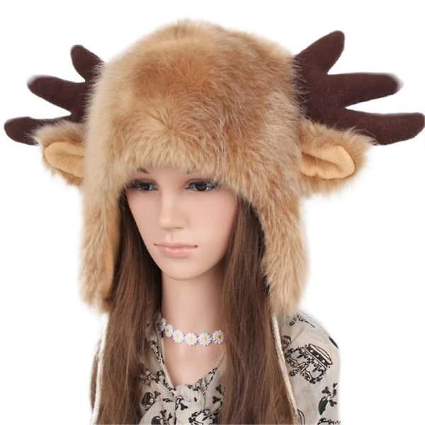 Jul Älg Horn Hat Faux Päls Plyschig Fluffy Värmare Vinter Öronlapp Huvudbonad Mössa Rysk Trapper Vindtät Utomhus Mössor