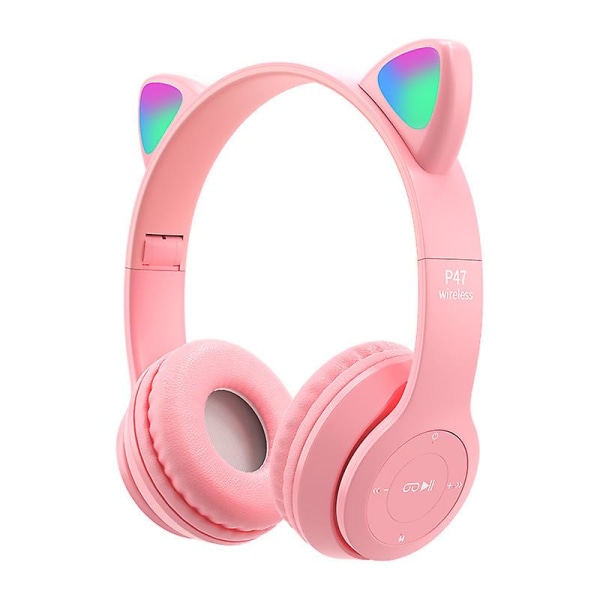 P47 Cute Cat Ears Earphones Wireless Bluetooth 5.0 Headphone Led Hifi Stereo Headset Pink