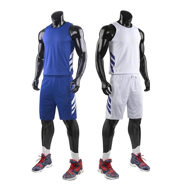 Dobbeltkledd basketballtrøye dress herre gutter treningsdrakt blå hvit (5XL)