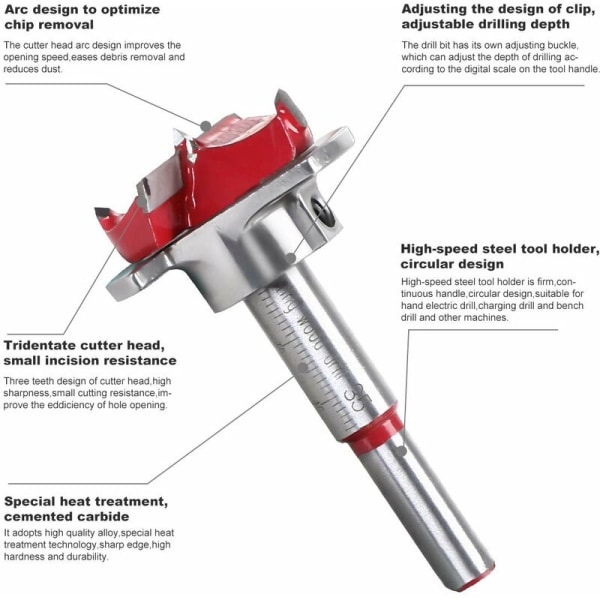 Träborr, Ø 35 mm justerbar positionering träskärare, hårdmetallhålsåg med djupstopp (djupområde 1040 mm)