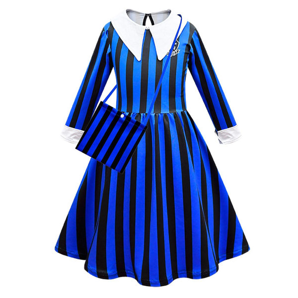 Wednesday Addams skoleuniform Cosplay-kjole sett Halloween-kostyme for jenter (130 cm med veske)