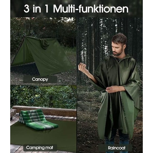 Militærgrøn 140 * 200cm vandtæt poncho med hætte, 3-i-1 militær